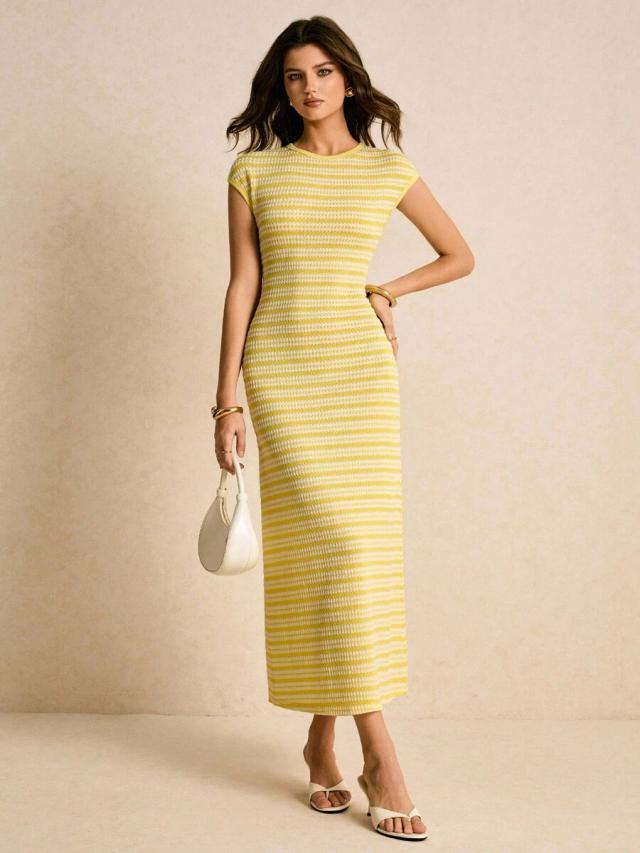 poéselle yellow casual elegant minimalist fitted round neck long dress