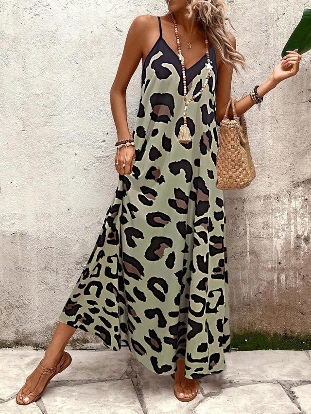 spaghetti strap leopard print maxi dress