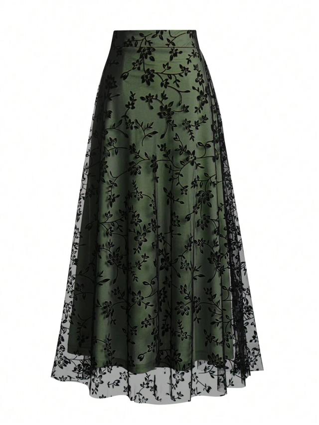 olive green high waist floral embroidered mesh skirt