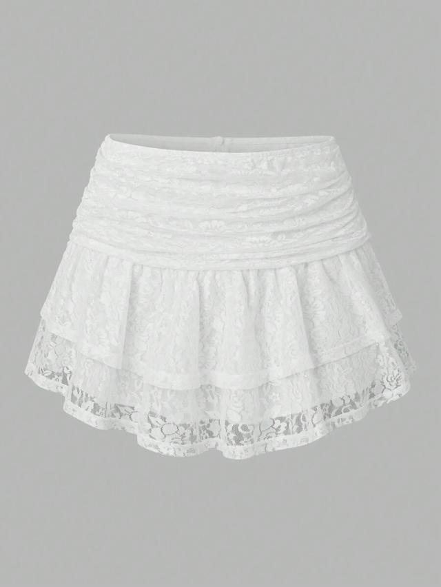 white lace embroidered multi-layered mini skirt