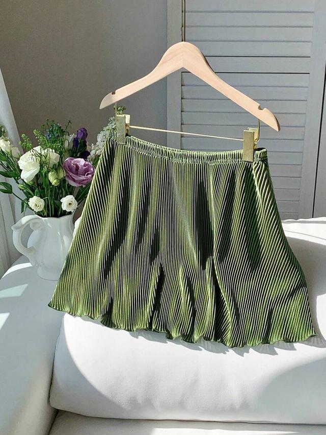 olive green high waist lettuce trim pleated skirt