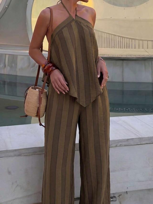 olive striped halter top and wide leg trousers set
