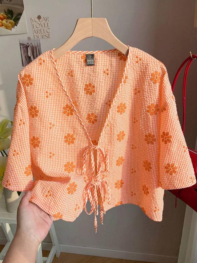 orange plaid floral embroidered woven women's shirt