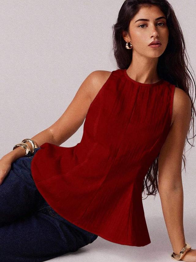 red sleeveless textured peplum crop top