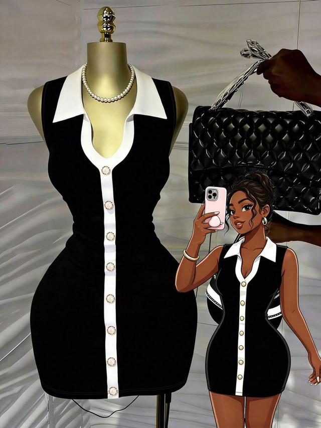 black and white collared button-down mini dress