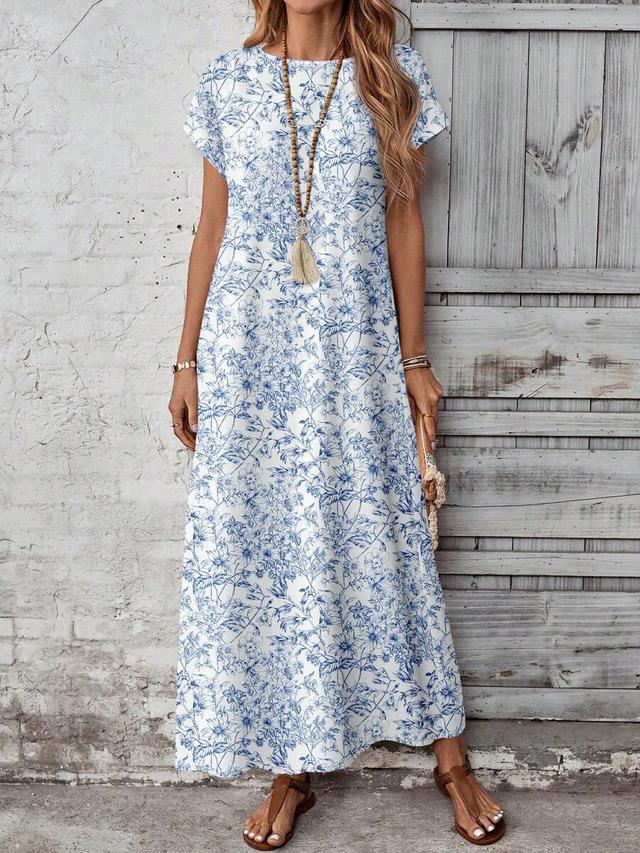 blue and white floral print cotton shift dress