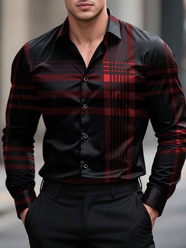 men's black and red plaid button-down long sleeve shirt