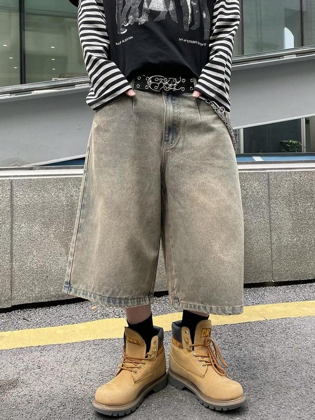 washed wide leg denim jorts with distressed back pockets