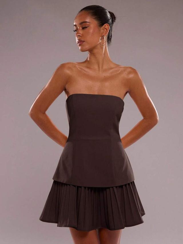 solid brown strapless pleated hem mini dress