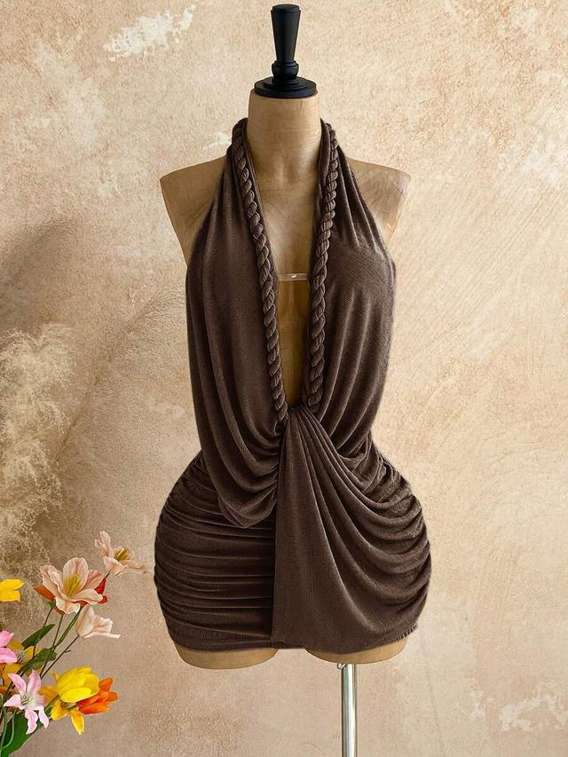brown solid color halter draped backless mini dress