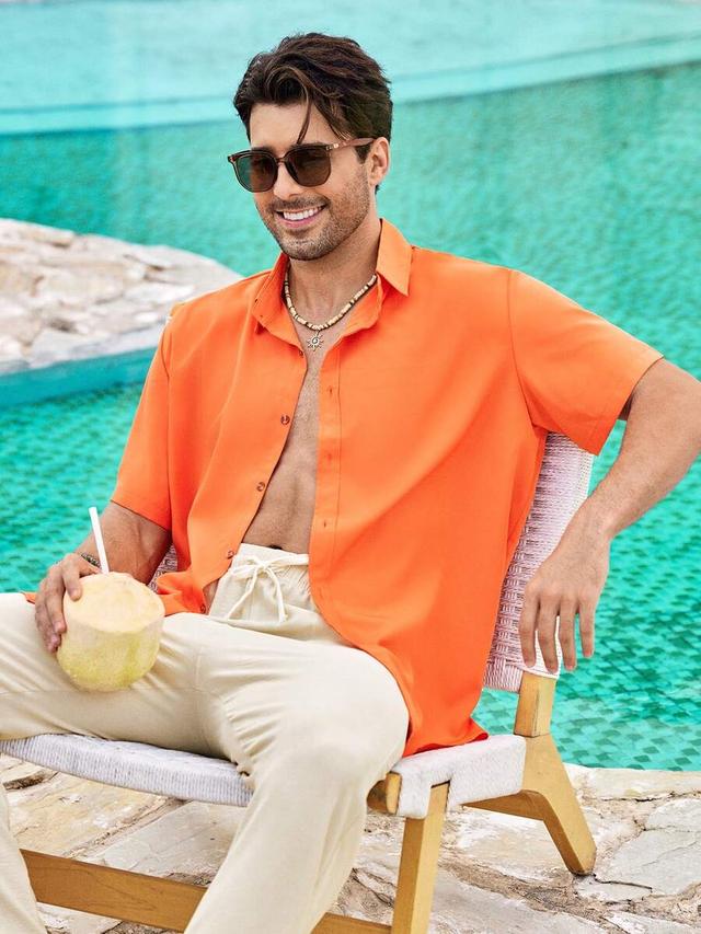 mercer haus men's solid orange short sleeve shirt