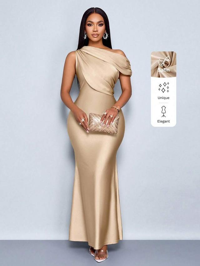 champagne satin one-shoulder draped evening gown