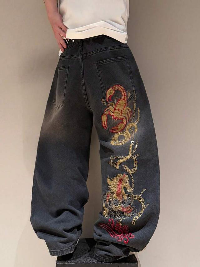 vintage distressed wash embroidered loose straight leg jeans