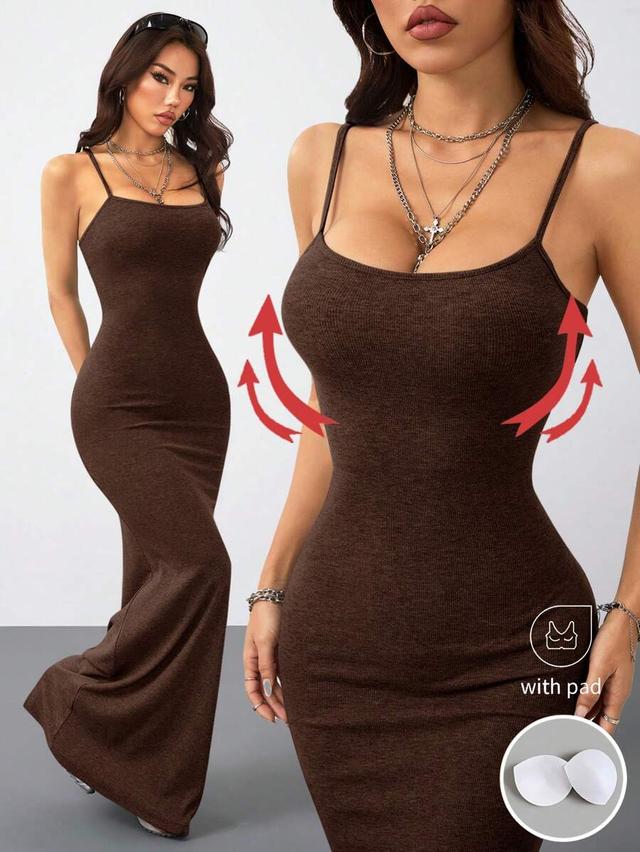 stretchy brown spaghetti strap long bodycon dress