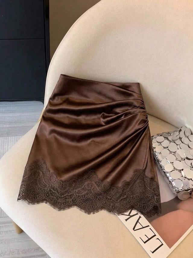 elegant brown satin pleated skirt with lace trim