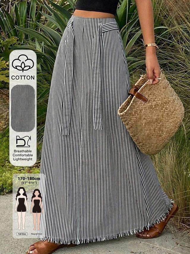 striped belted long a-line cotton skirt