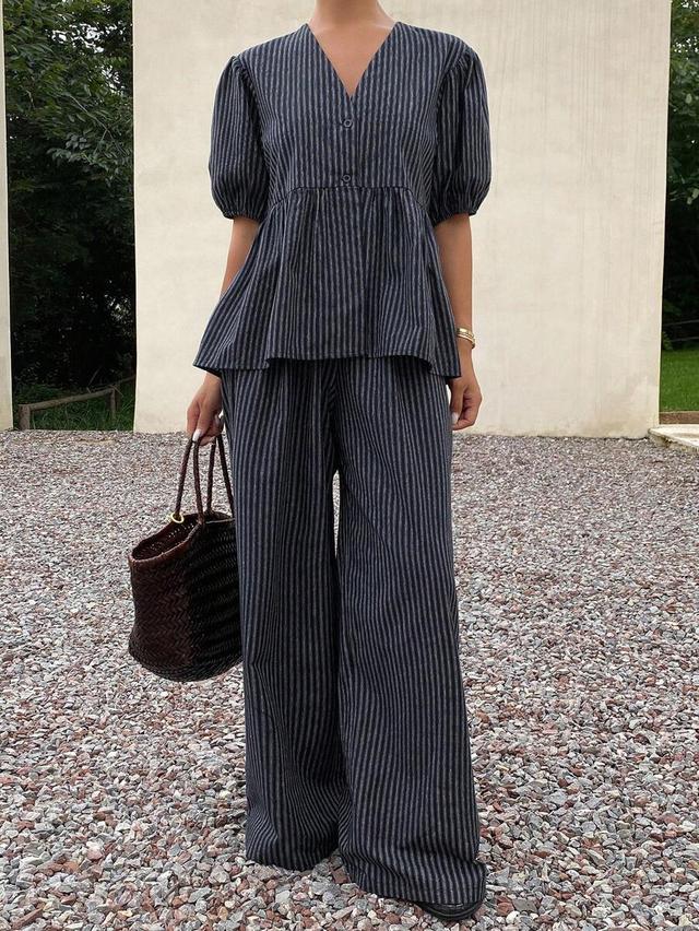 striped puff sleeve v-neck lounge set