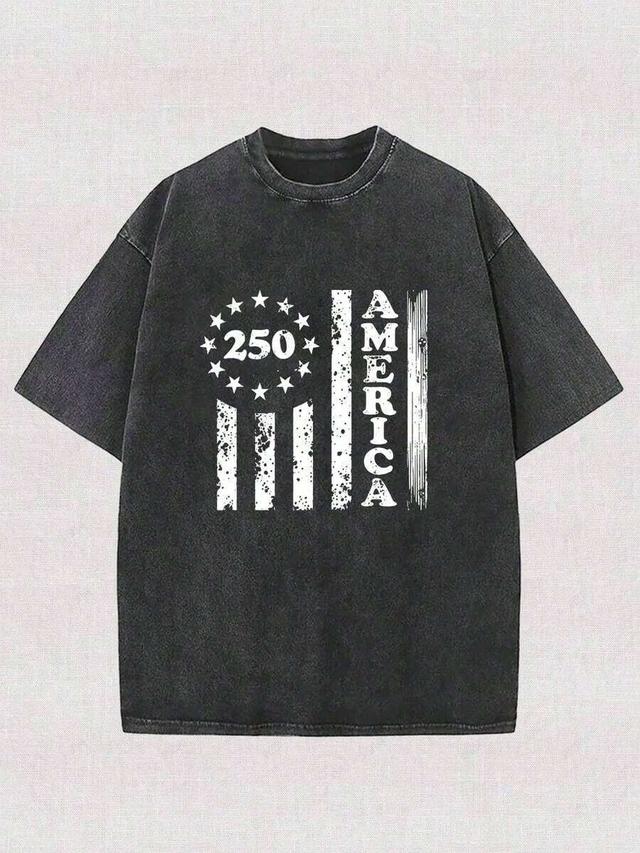 washed cotton retro american spangled printed t-shirt