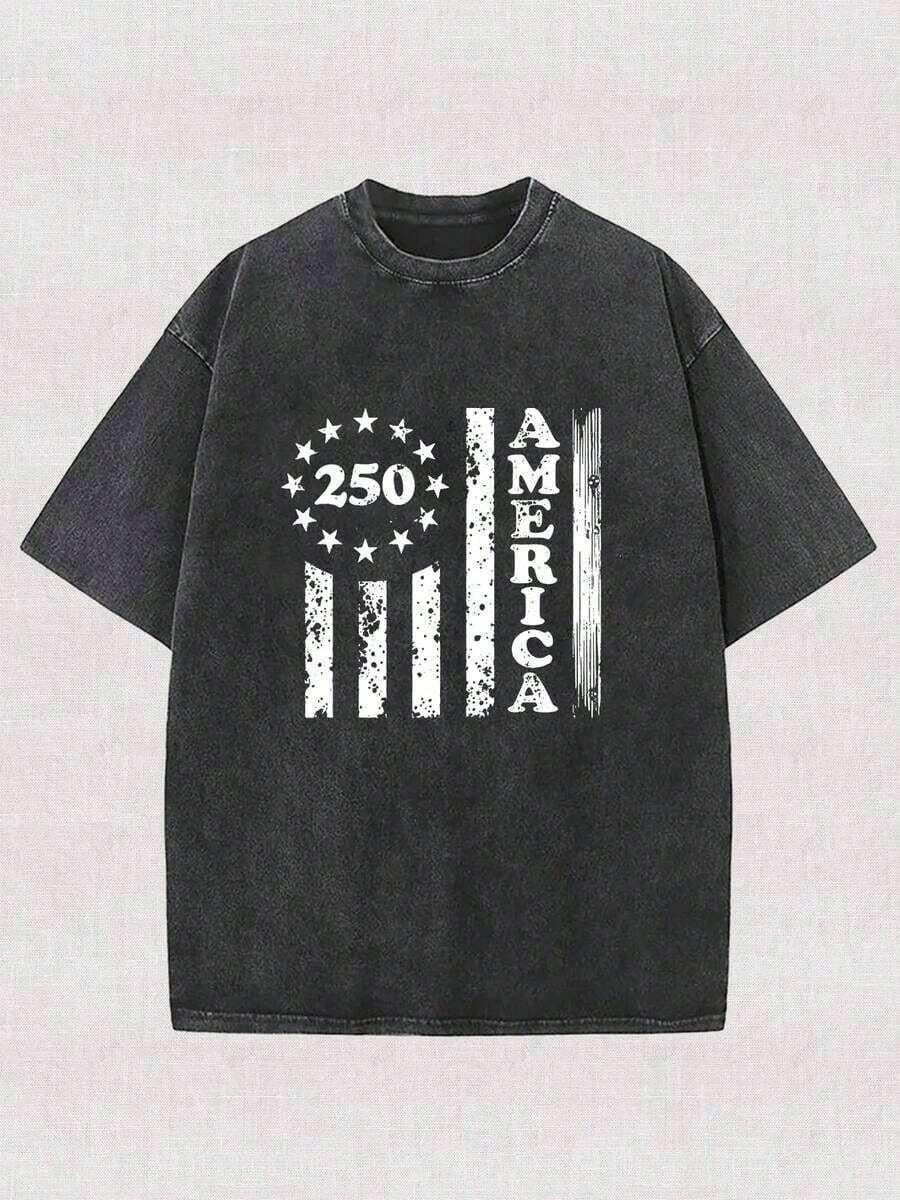washed cotton retro american spangled printed t-shirt