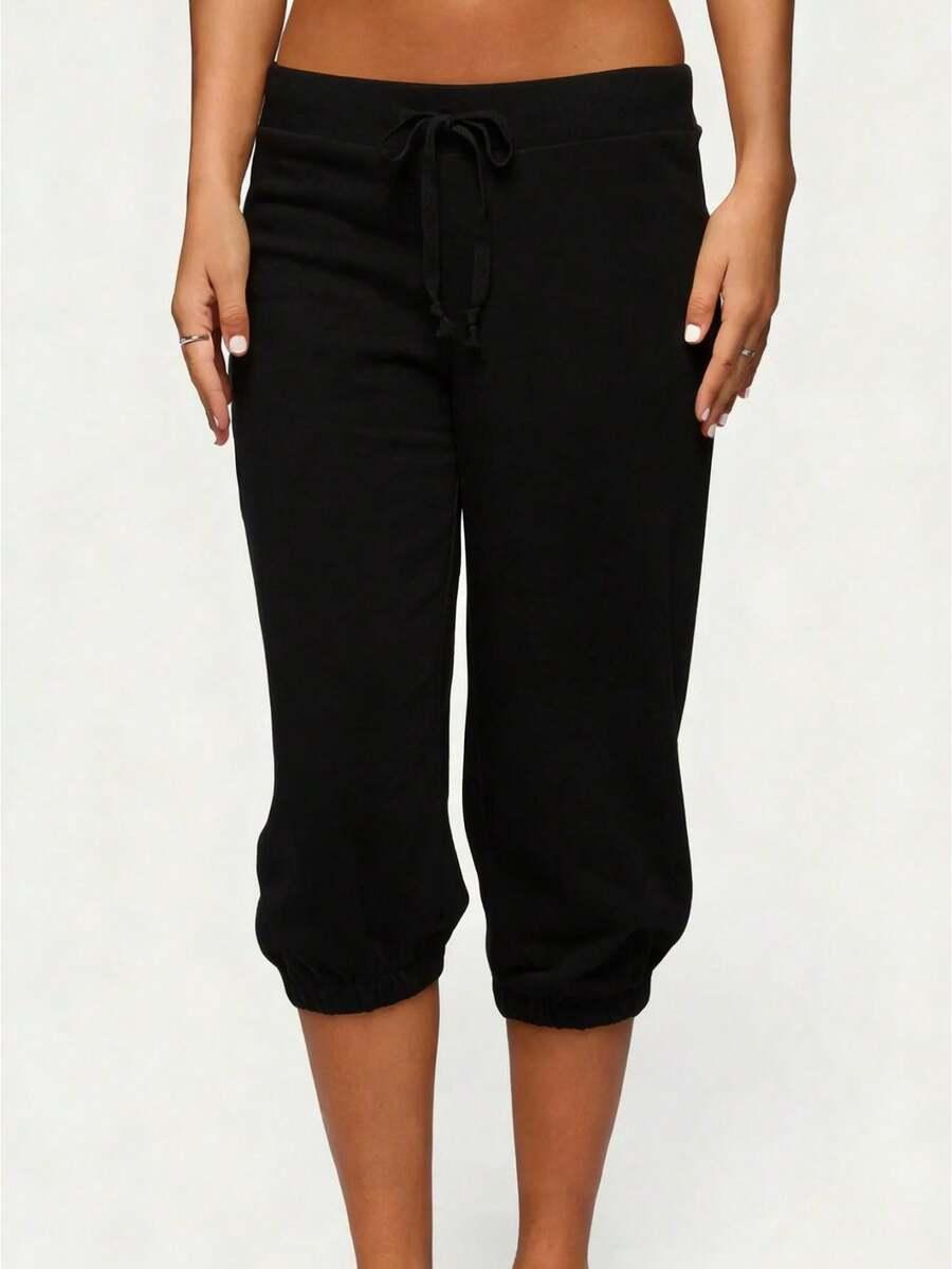 women's black heathered capri drawstring joggers
