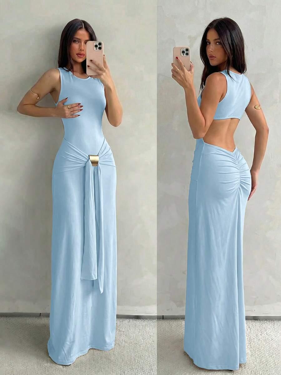 light blue sleeveless bodycon maxi dress with front hardware
