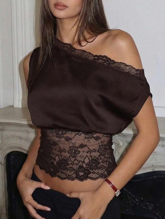elegant black lace splice one-shoulder blouse
