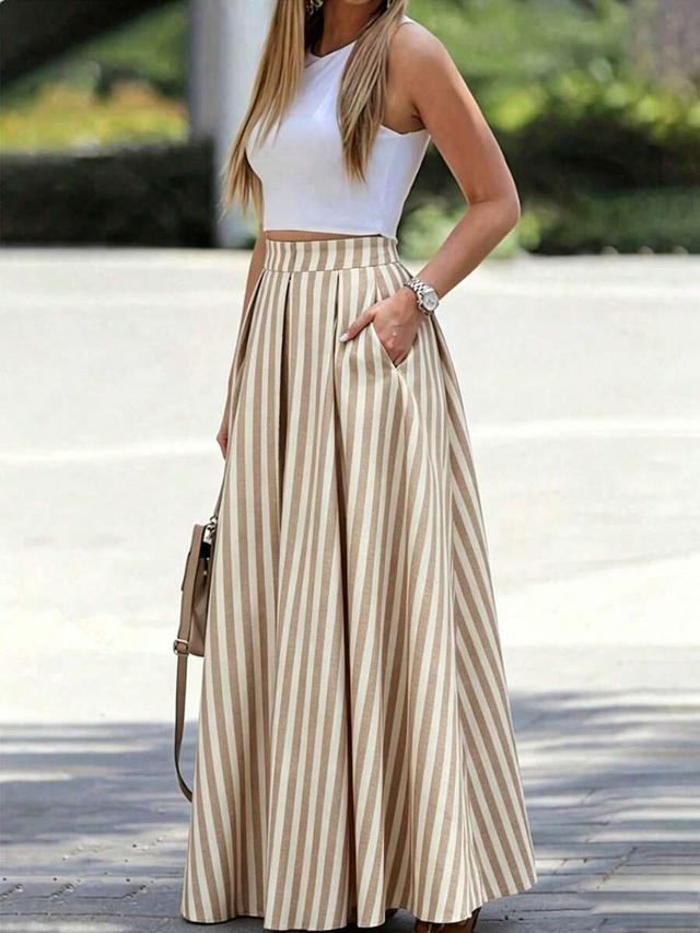 shein holidaya a-line striped fold pleated high waist skirt