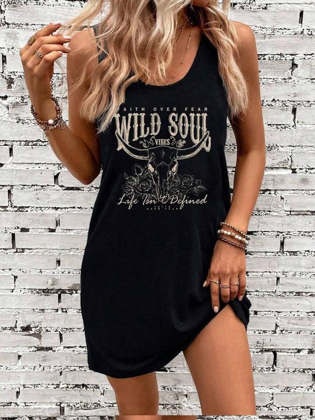 casual western bull head print sleeveless black dress