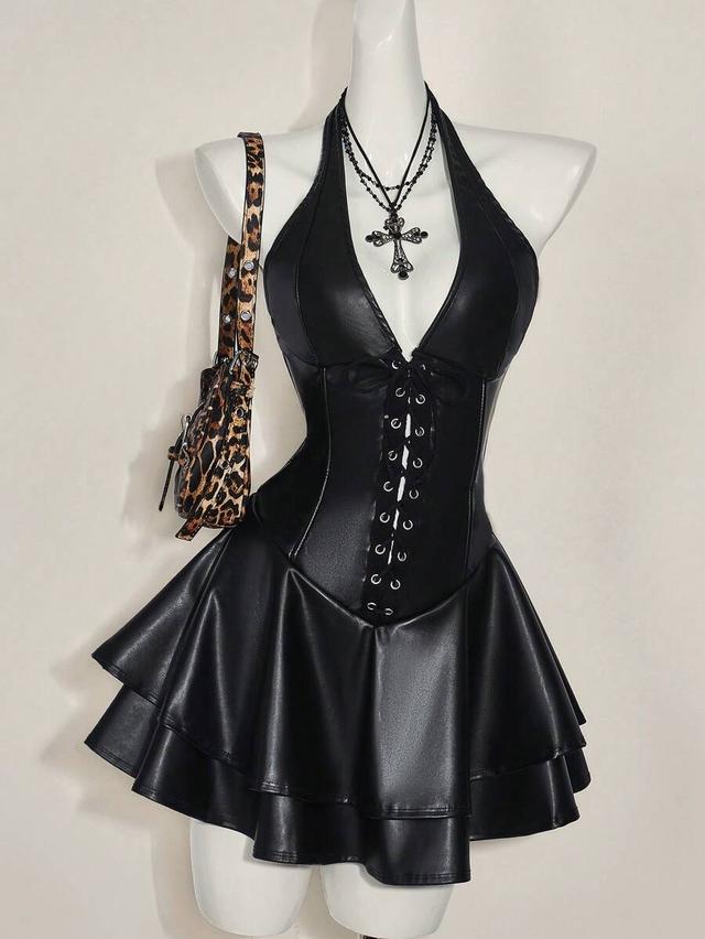black faux leather halter corset mini dress