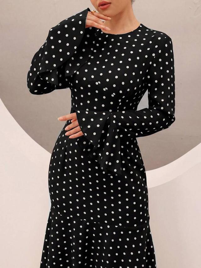 graceveil elegant polka dot turtleneck flare sleeve fishtail dress