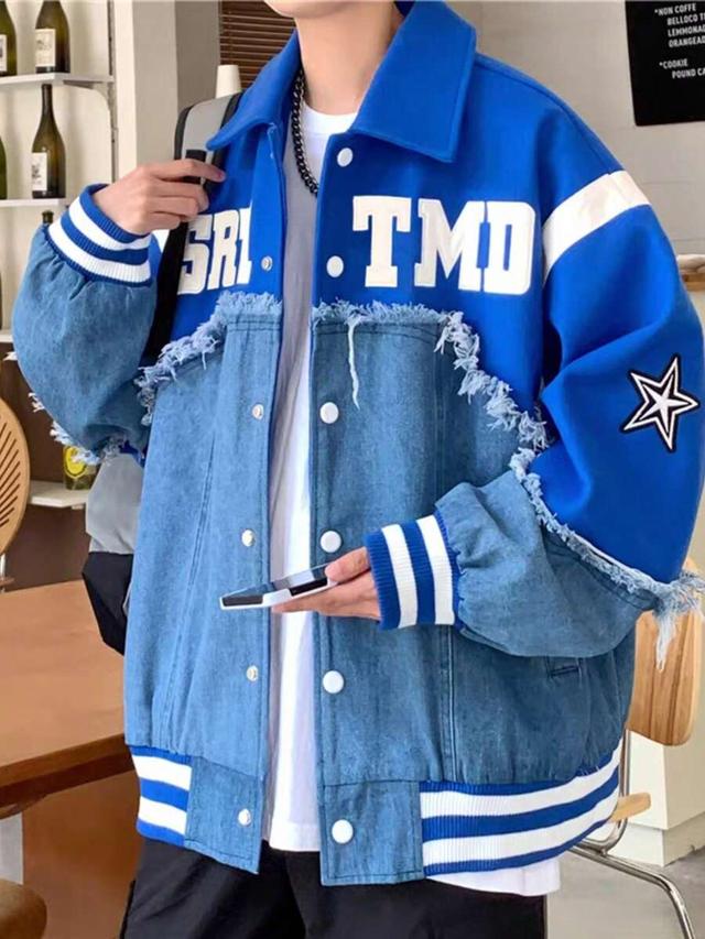 casual blue denim splicing college style jacket