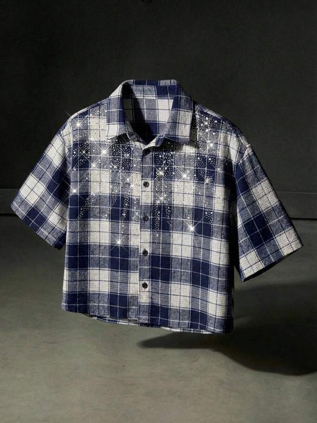 neon blanc plaid shirt with rhinestone embellishment