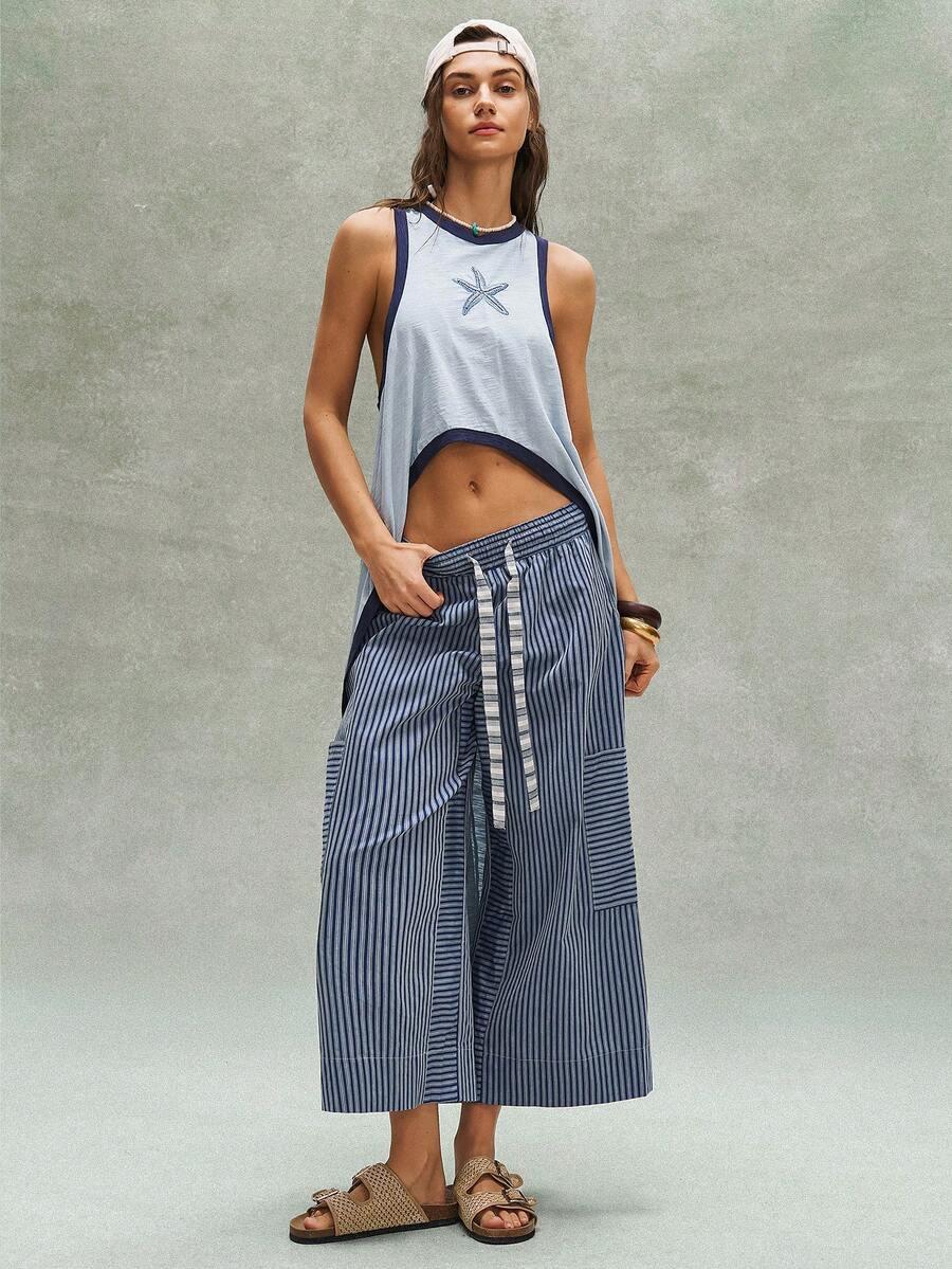 bohemela blue and white stripe loose patchwork trousers