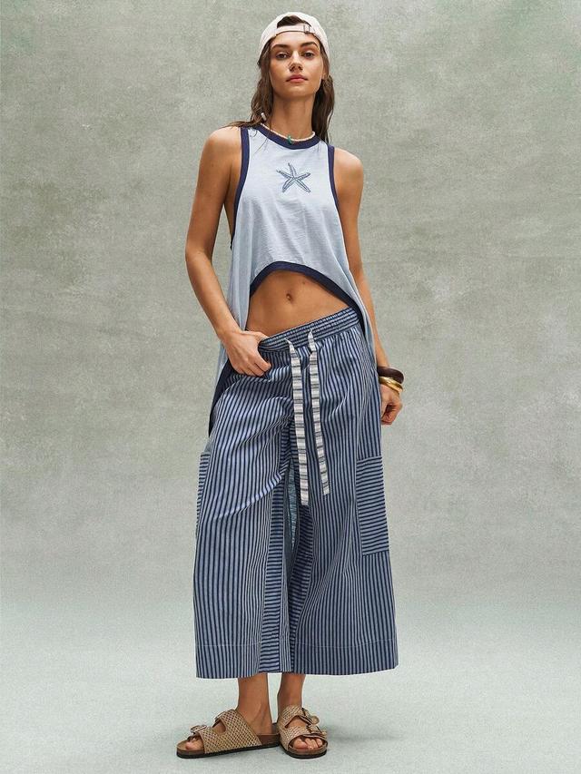 bohemela blue and white stripe loose patchwork trousers