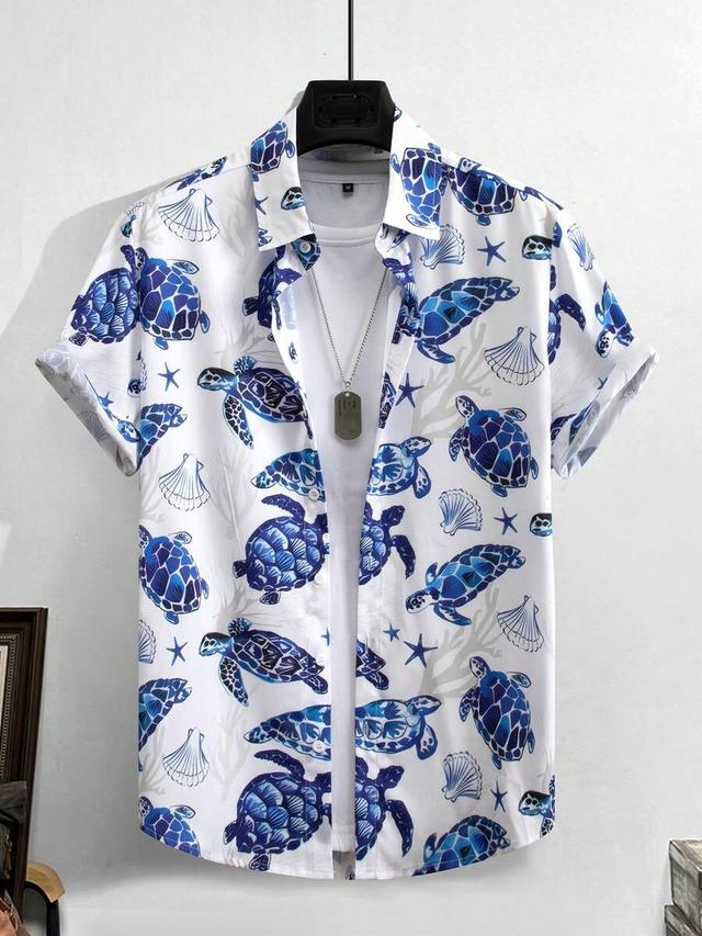 men's casual turtle and shell print short sleeve shirt