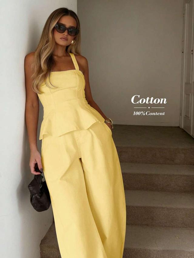 yellow cotton camisole peplum top and wide leg trousers