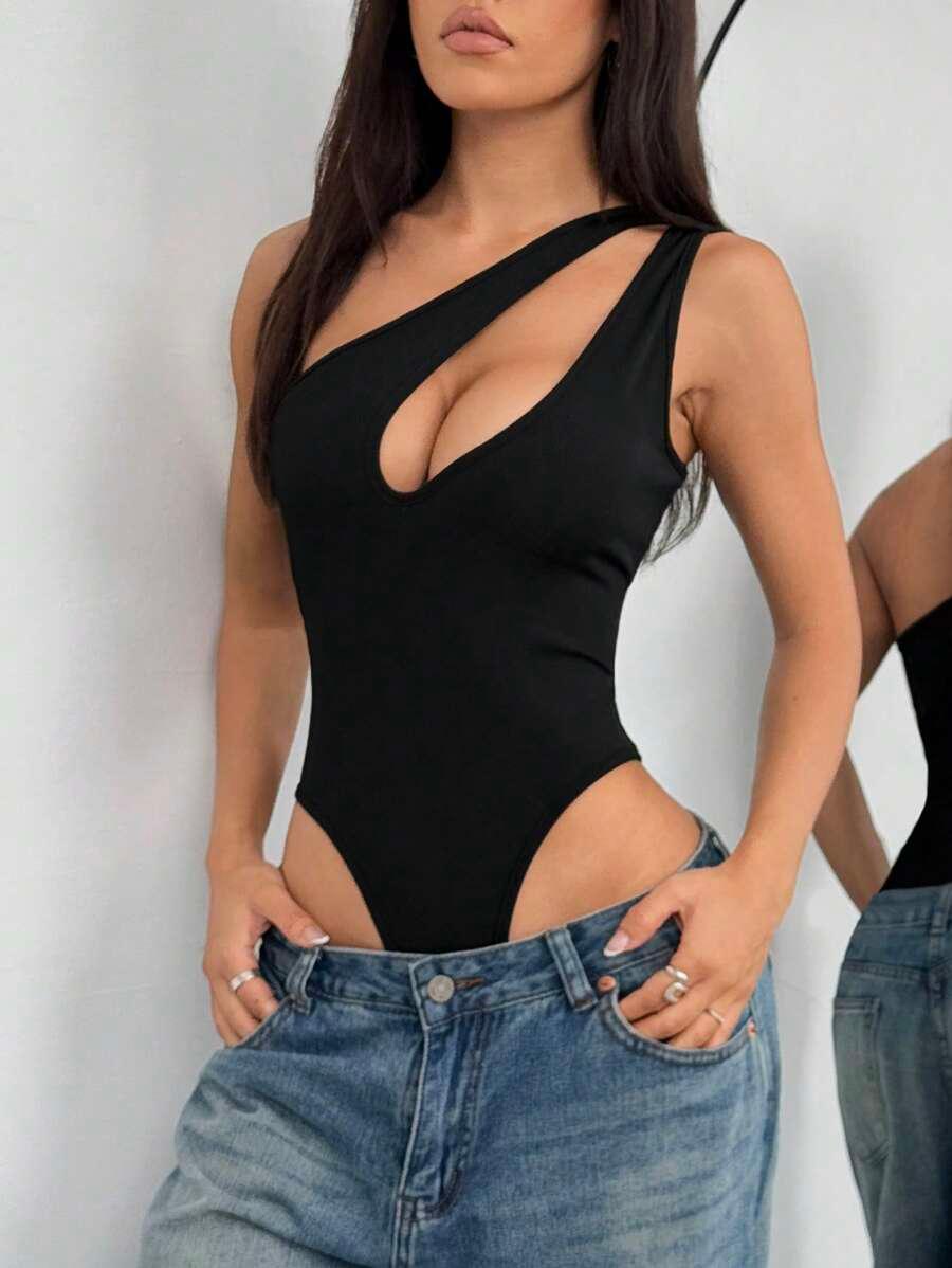 black ribbed knit asymmetric cut-out skinny bodysuit