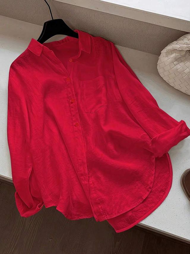women's casual solid color front button curved hem shirt