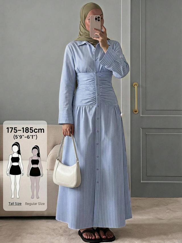striped bell sleeve single-breasted ruched waist shirt dress