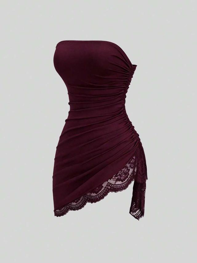 burgundy lace patchwork mini bandeau dress