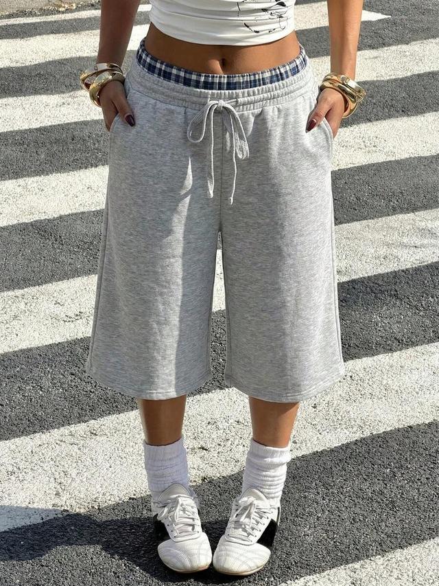 gray knitted wide leg casual capris with plaid waistband