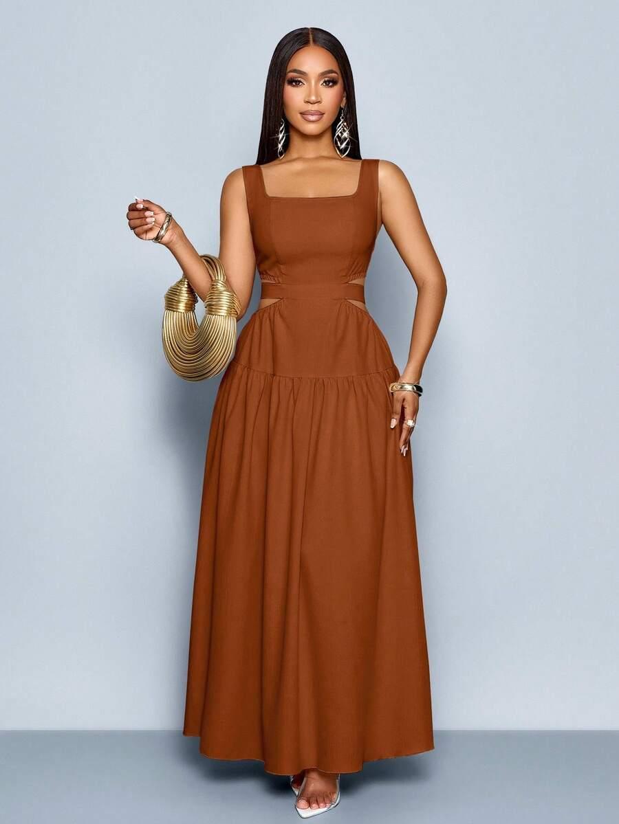 brown cotton midi dress with side cutouts