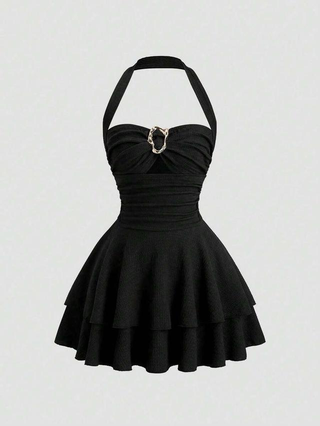 vintage style black halter neck tiered mini dress