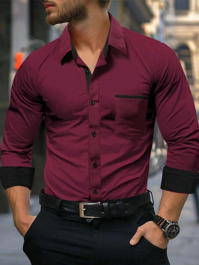 burgundy color block long sleeve casual dress shirt