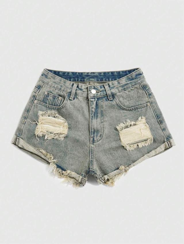 distressed light wash denim cuffed shorts