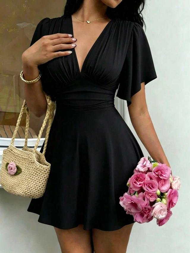 flora isola v-neck ruched bust ruffle sleeve mini dress