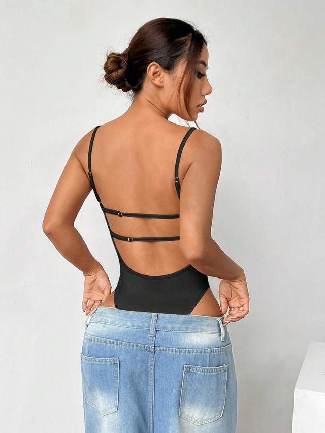black backless spaghetti strap jersey bodysuit