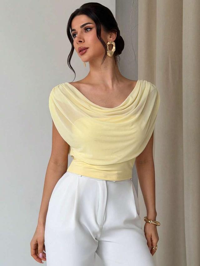 pale yellow draped mesh slim fit top