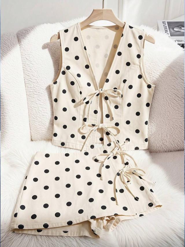 cream and black polka dot vest and shorts set