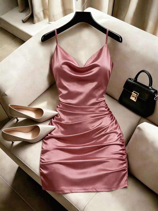 dusty rose satin cowl neck ruched mini dress
